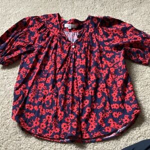 LOFT Navy and Red Floral Sleeveless Blouse